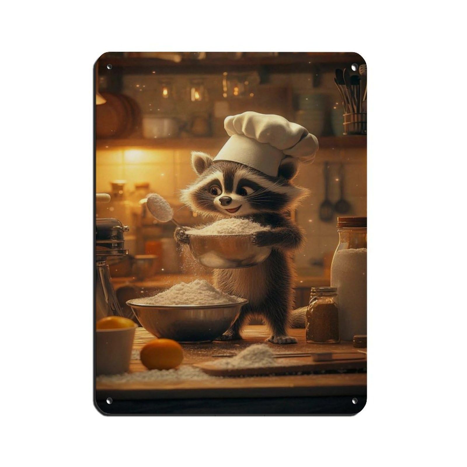 Adorable Racoon Baking Poster Retro Poster Metal Tin Sign Chic Art Retro Iron Painting Bar People Cave Cafe Family Garage Poster Wall Decoration 12x16inch(30x40cm)