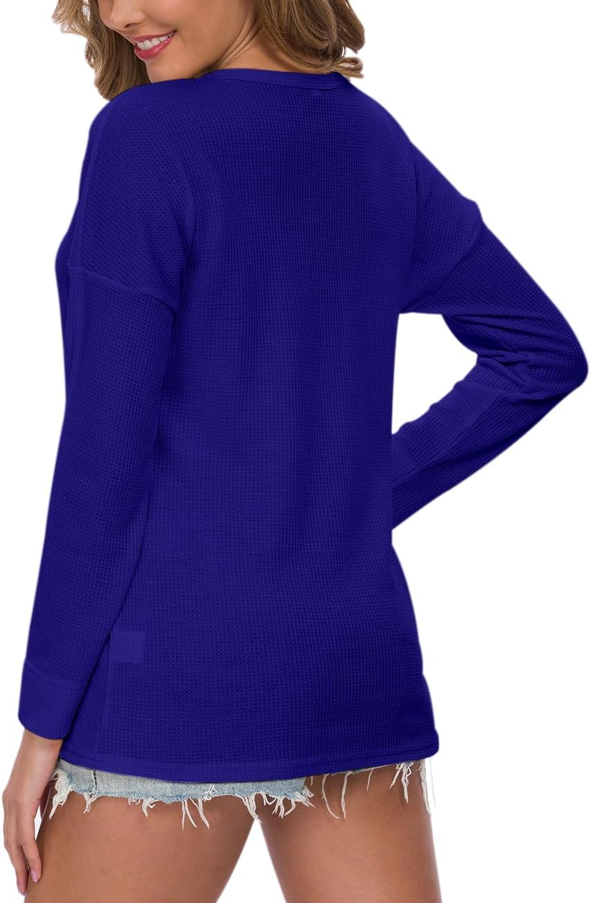 MOLERANI Womens Waffle Knit Tunic Tops Loose Long Sleeve Button Up V Neck Henley Shirts - Image 4