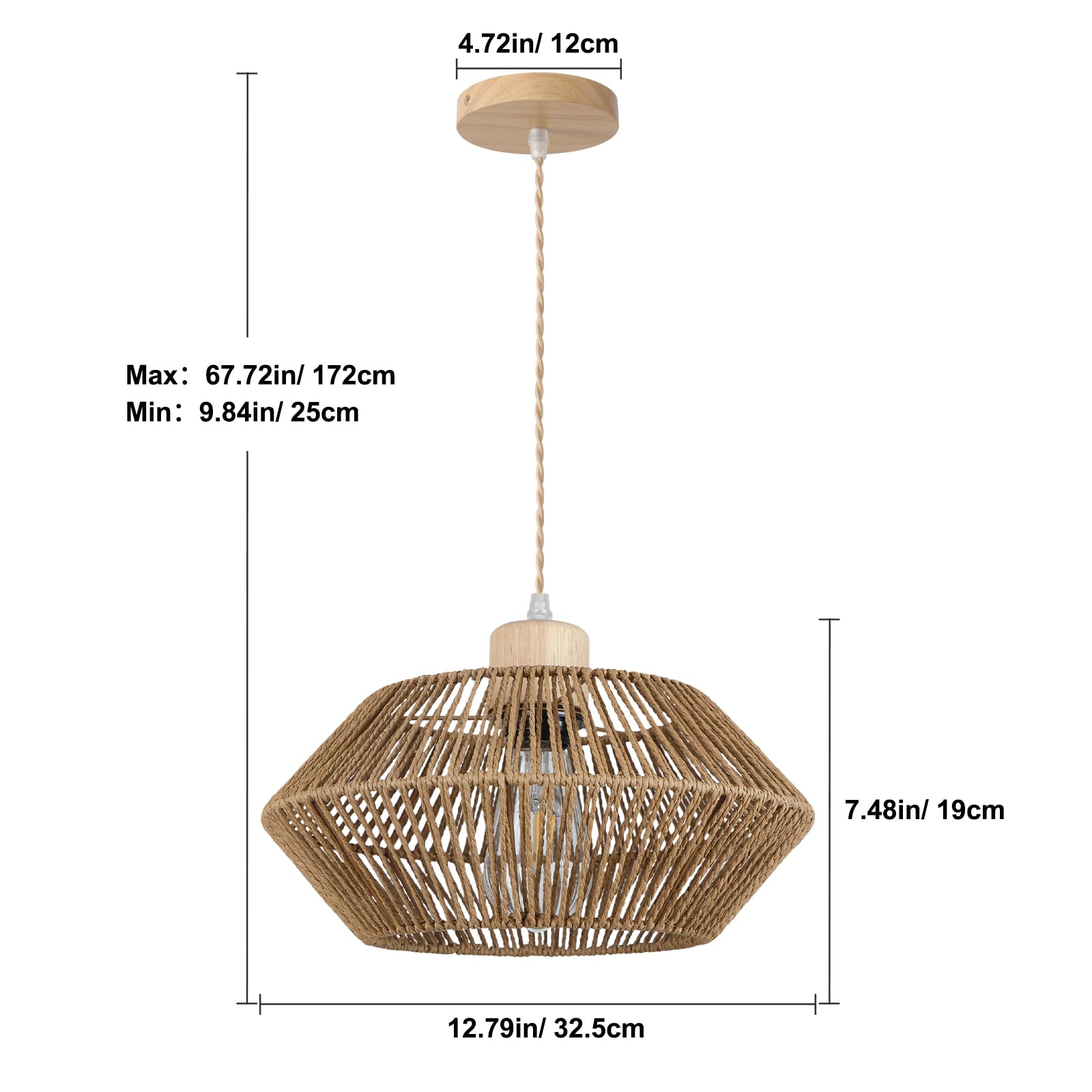 LynPon Boho Pendelleuchte Rattan Korbgeflecht Hängeleuchte Kronleuchter Deckenleuchte Wohnzimmer Schlafzimmer Esszimmer Flur Treppe Küchen Mit Lampenschirm, Ohne E27 Glühbirne