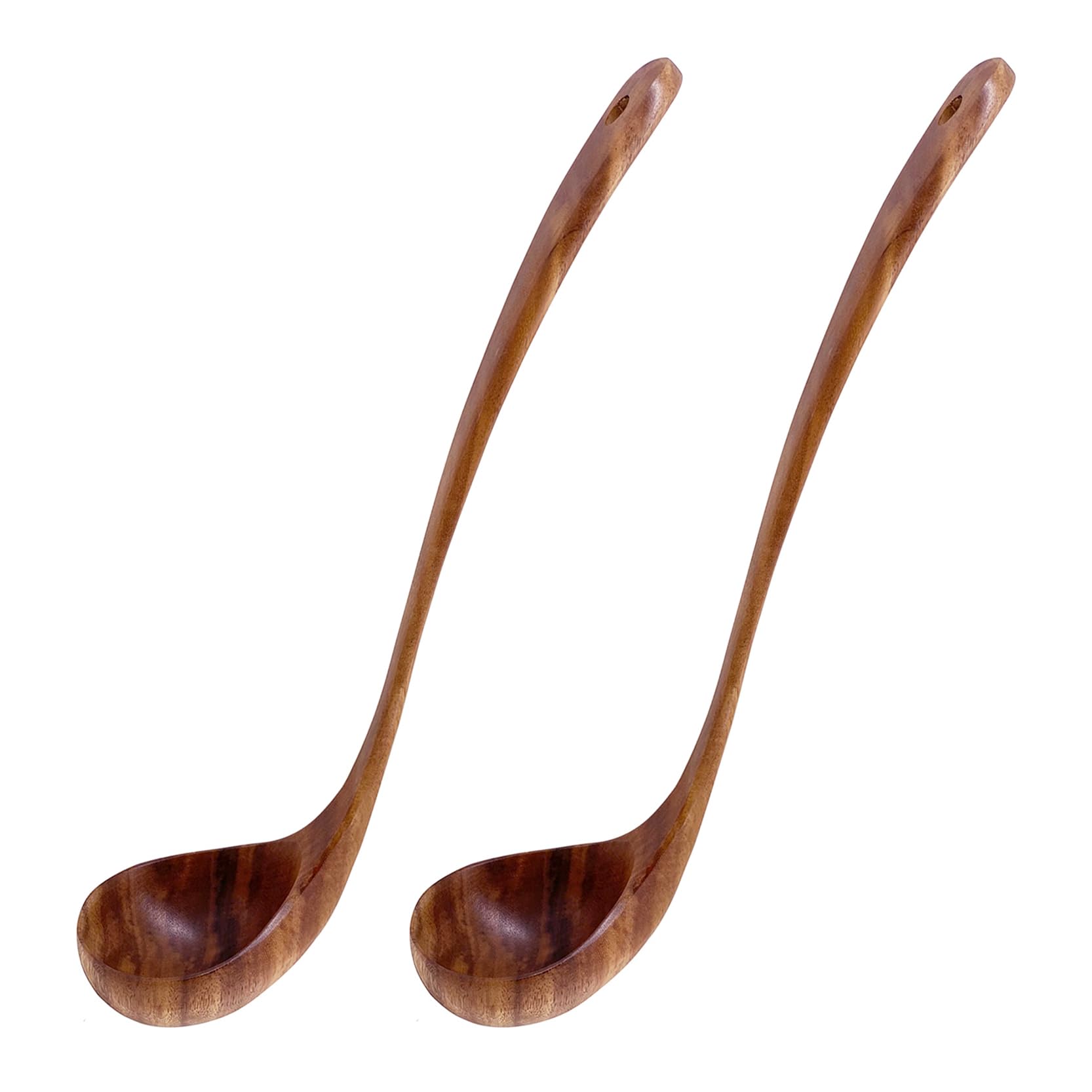 UPTALY 2 pcs Teak Wood Ladles with Long Handle (13.4 inch x 3.1 inch), Large, Handmade, for Deep Pot, Tall Vessels, Big Stockpots, Japanese Minimalist Cooking Spoon, for Serving Soup, Stew, Sauce