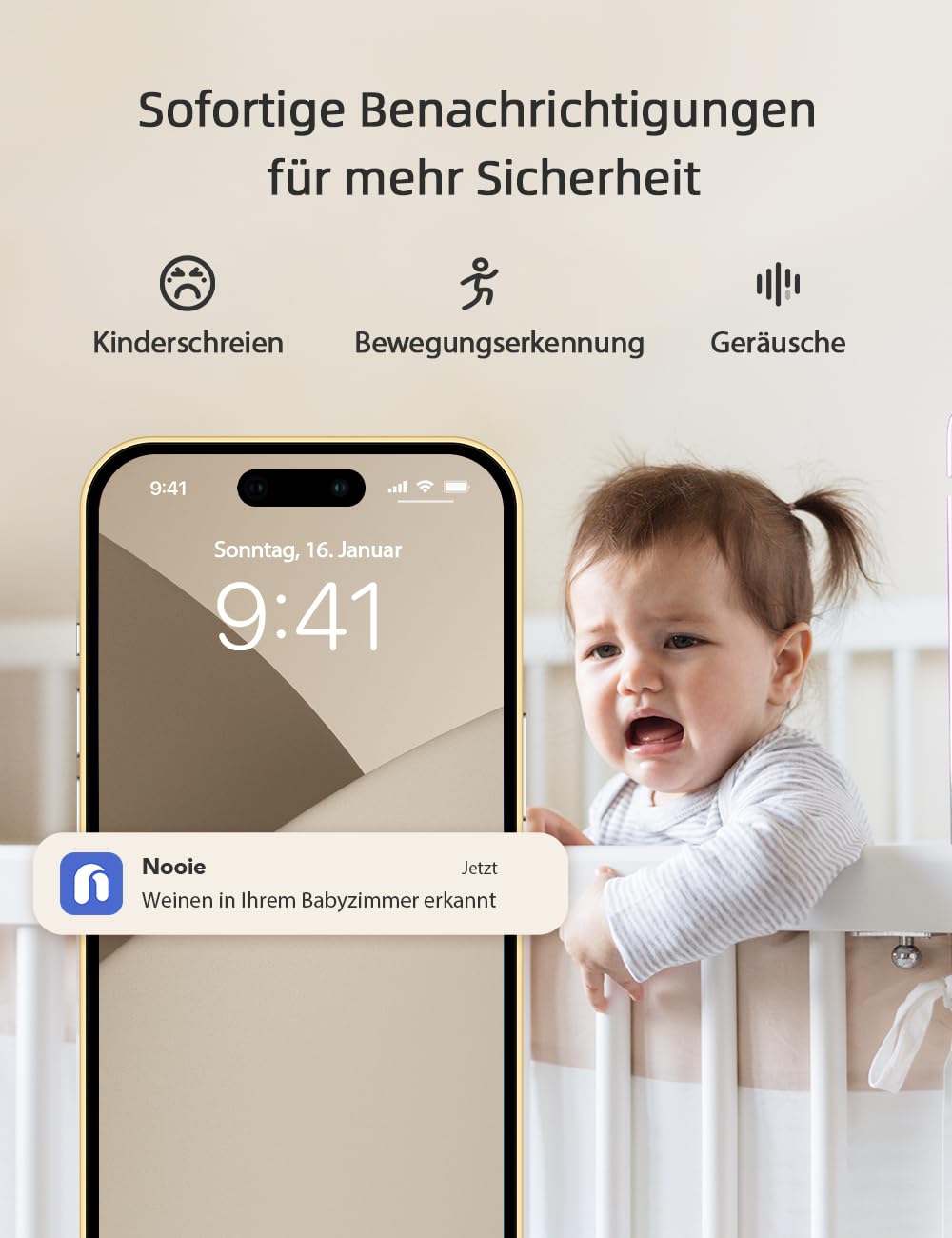 nooie Babyphone mit Kamera und App,2K intelligentes Babyfon, Temperaturüberwachung,2.4/5GHz WLAN, Nachtsicht,Zwei-Wege-Audio, Weinen/Geräuscher-kennung, KI-Tracking, funktioniert mit Alexa