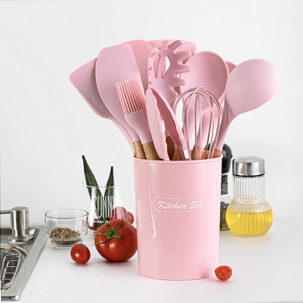 YYDS Koch Utensilien Silikon-Küchenzubehör Set mit Halter Kochgeräte-Satz, 11 PCS Holzgriff Antihaft-Kochgeschirr-Set, Küchenhelfer Utensil, Rosa Kochzubehör