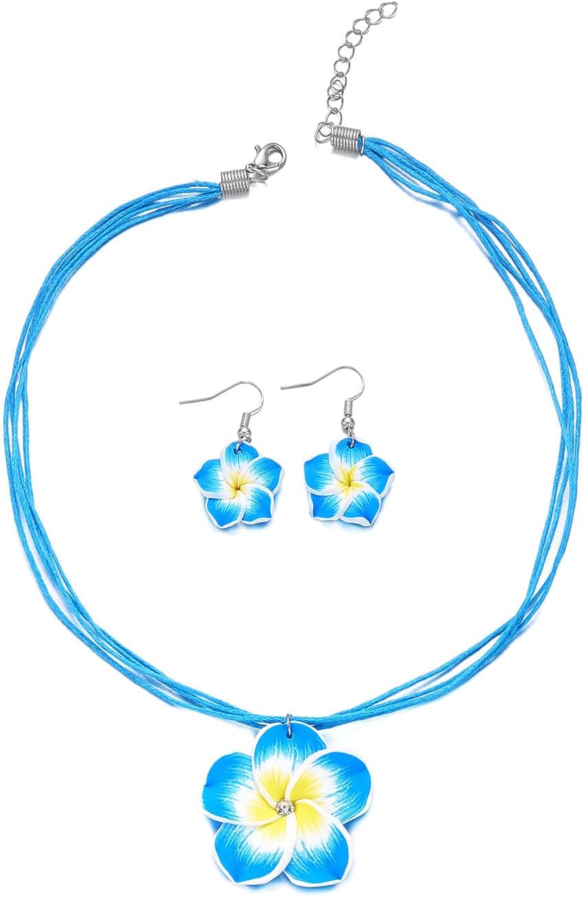 Caiyao Hawaiian Plumeria Rubra Necklaces Earrings Set Bohemia Tropical Plumeria Flower Pendant Necklace for Women Boho Summer Luau Beach Party Vacation Holiday Jewelry Gifts