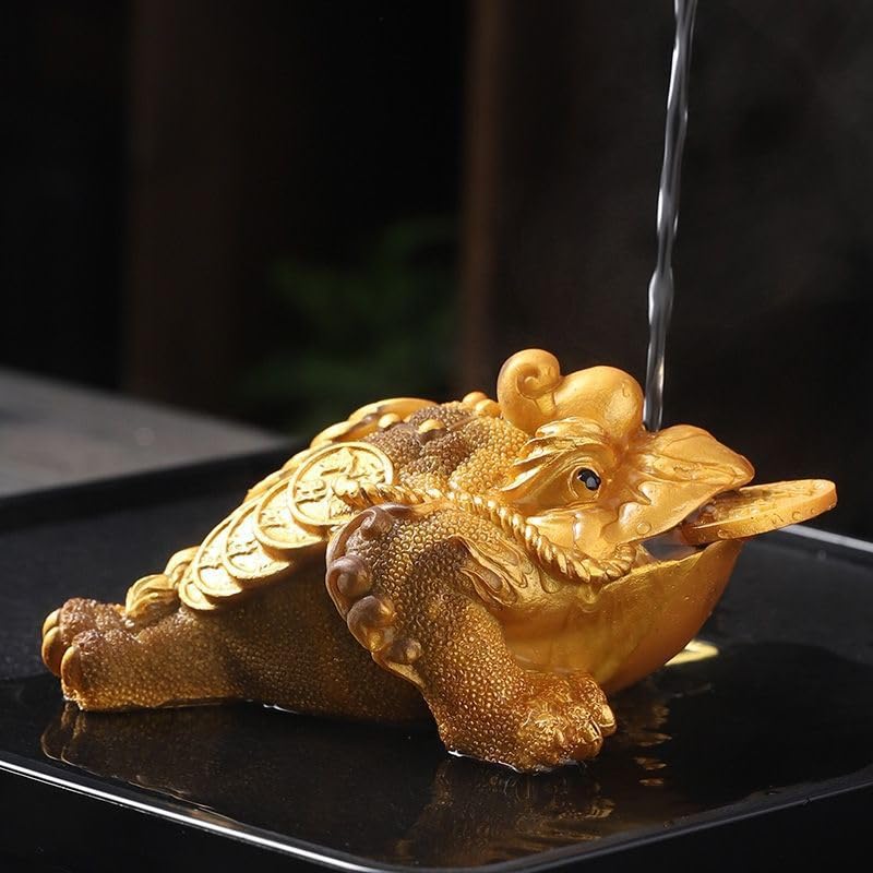 Tea pet decorations, will change color when exposed to hot water, hand carved. A gift for tea enthusiasts, measuring 6.1 inches in length, 4.1 inches in width, and 3 inches in height (golden)