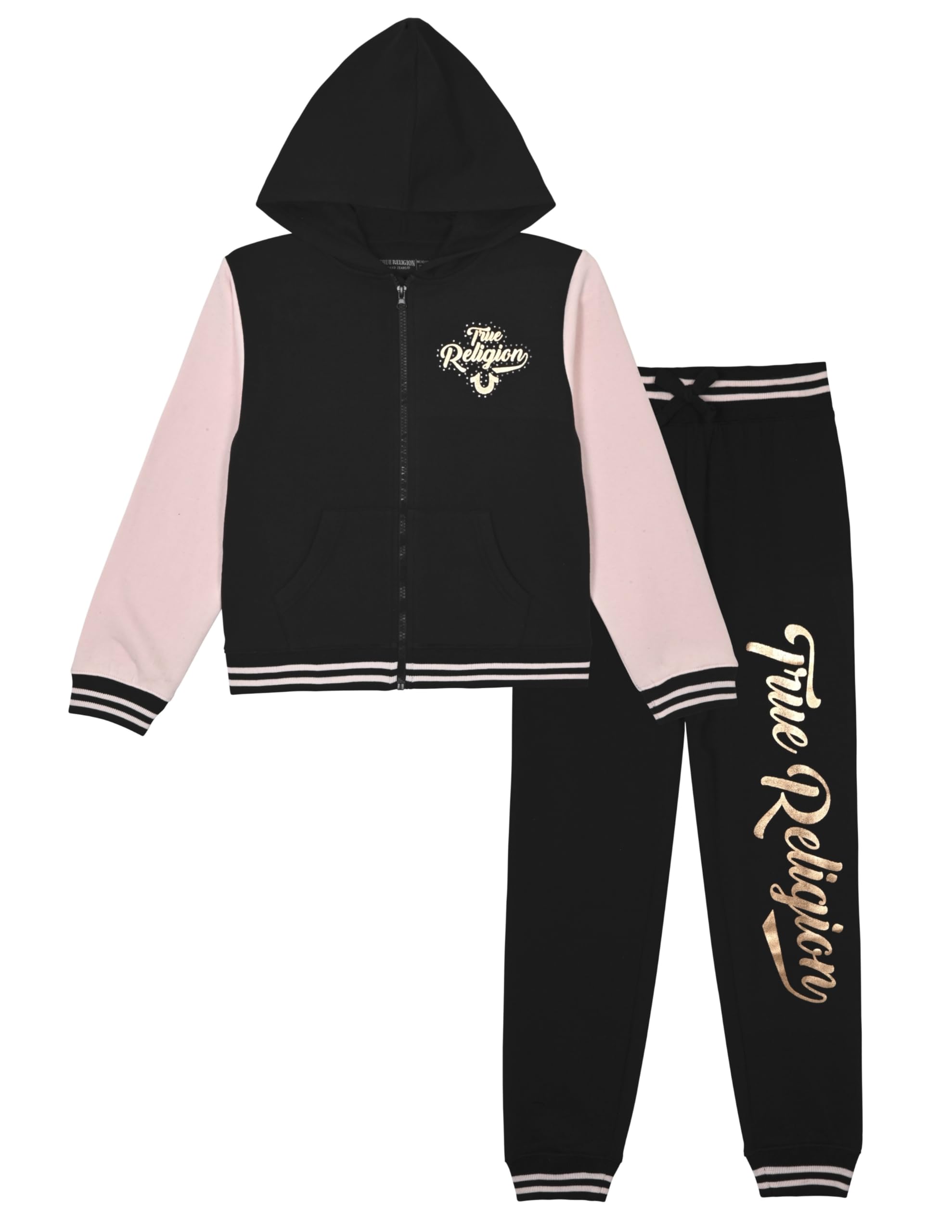 True Religion Girls 2 Piece Fleece Hooded Jogger Set – Zip-Front Hoodie & Sweatpants Outfit