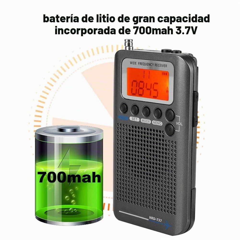 Escáner de Receptor de Radio multibandas Escáneres/de Mano/Bandas de frecuencia: Air FM Am CB SW VHF Incorporado en batería portátil Recargable Radio de Viaje(Negro)