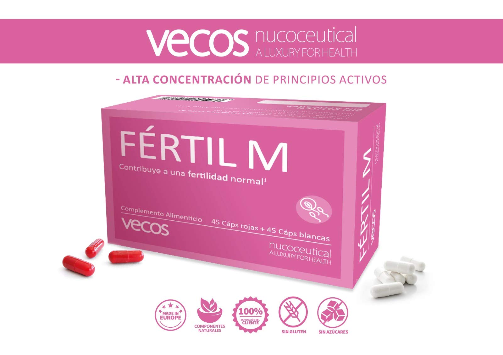 Fértil M Vecos para Ayudar a la Fertilidad de la Mujer | Suplemento Vitamínico con Inositol, Vitamina C y Ácido Fólico | Ayuda a la Concepción, Embarazo y Regular Actividad Hormonal