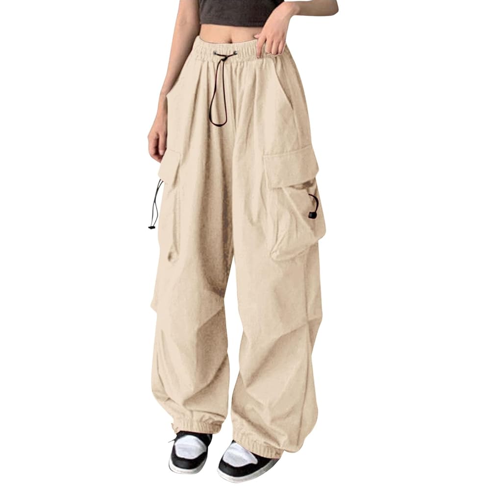 Womens Wide Leg Y2k Parachute Pants Baggy High Waisted Cargo