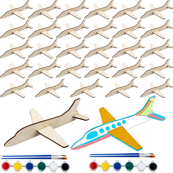 Feradny 30 Pcs Unfinished Wooden Airplane Craft for Kids with Painting Tools DIY 3D Airplane kit Wood Planes Handicraft for Kids School Art Craft Projects Activity Gifts