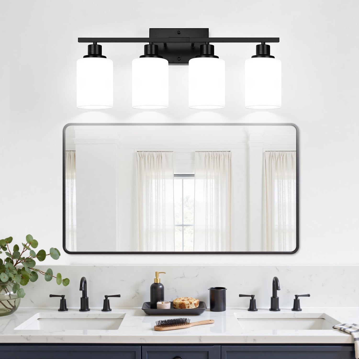  4-Light Bathroom Light Fixtures, Matte Black Modern Vanity Lights with Milky White Shades, Bathroom Wall Lamp for Mirror Living Room Cabinet Bedroom Porch thumbnail