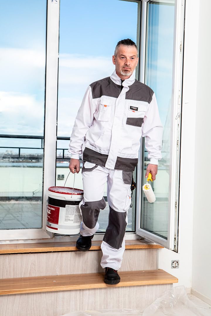 NEO TOOLS Profi Arbeitshose/Profi Set (Hose, Jacke, Knieschutzpolster) weiß | Sicherheitshose Arbeitskleidung Berufsbekleidung Bundhose Malerhose Hose S-XXL