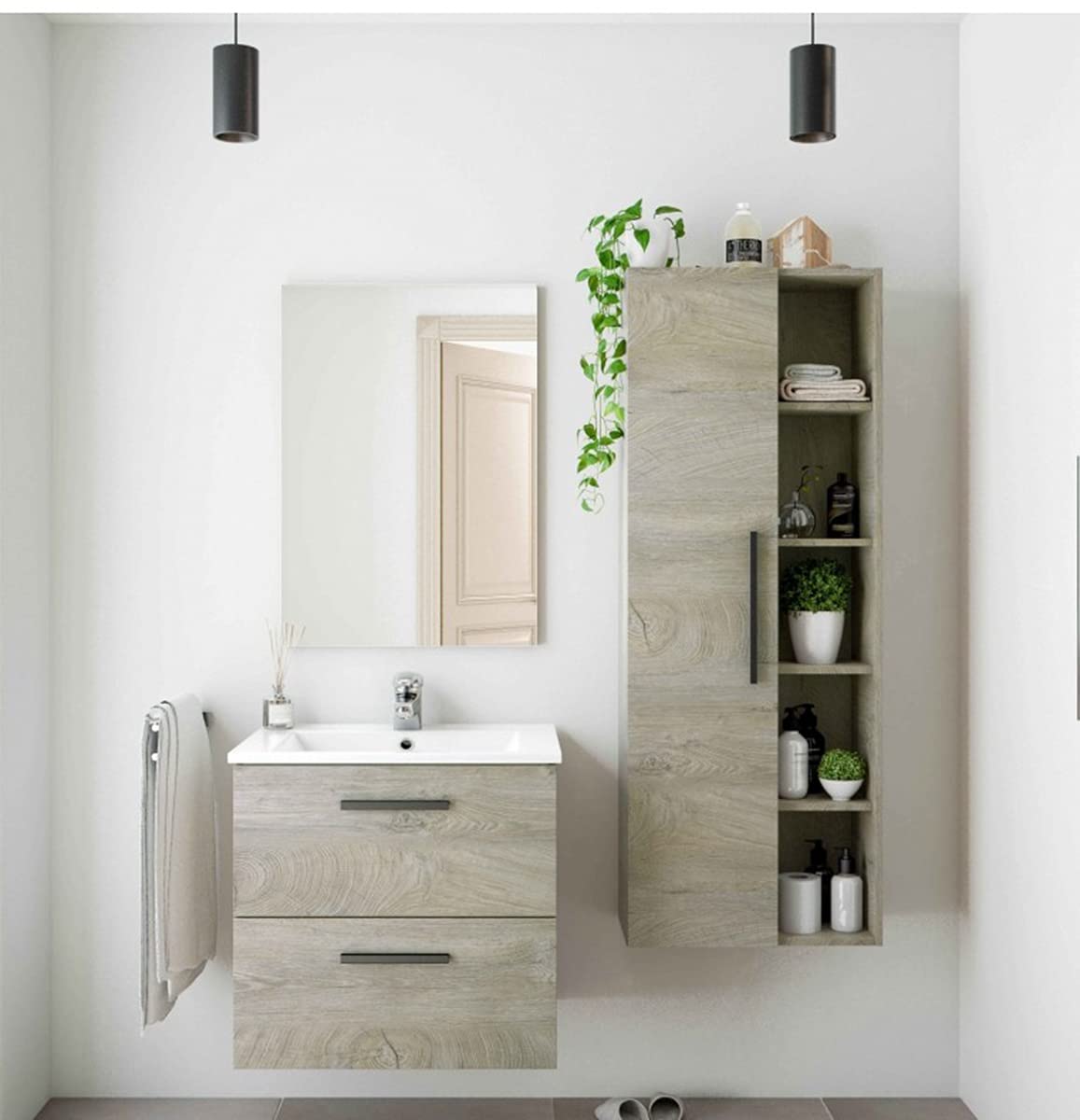Columna de Baño Suspendida con una Puerta y Estantes con Acabado en Color Roble Alaska - Dim: 51 cm (Ancho) x 135 cm (Alto) x 25 cm (Fondo)