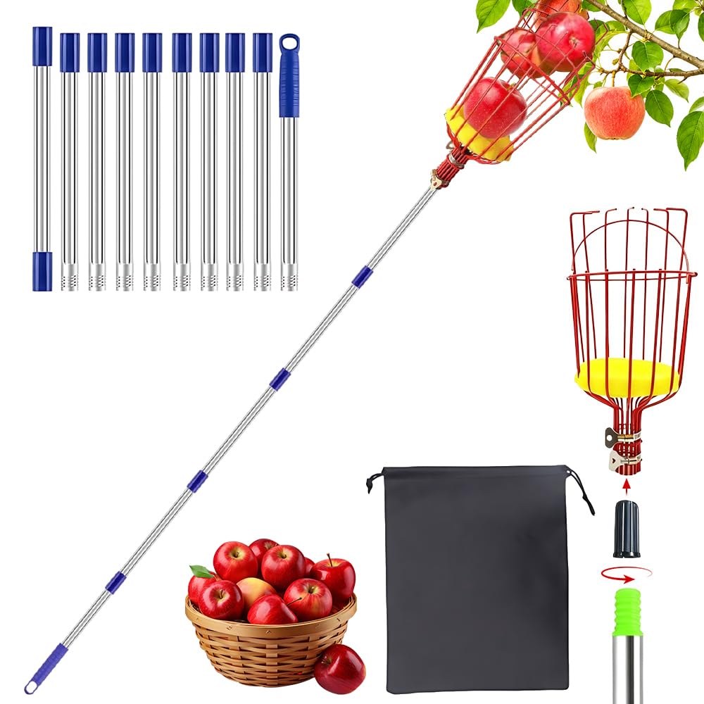 Fruit Picker, HOVCEH 4.3 m High-Altitude Fruit-Picking Tools, Fruit Picker Tool with Lightweight Stainless Steel Connecting Pole and Basket, Telescopic Fruit Picker for Orchard, Garden, Farm