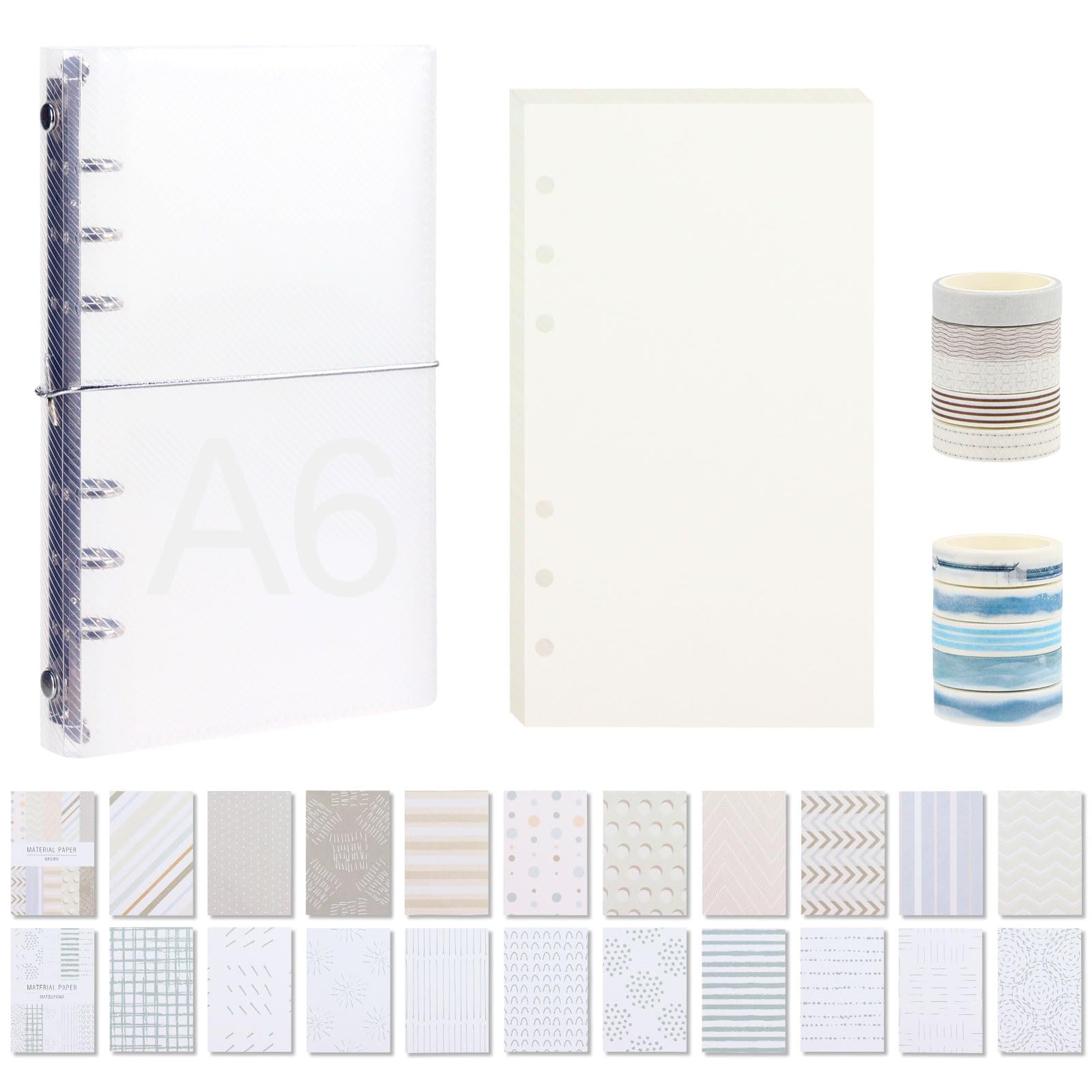 Clear A6 Tri-fold Binder with Bandage, Loose Leaf 6 Ring Transparent Personal Planner Simple Journal with 45 Blank Inserts, 20 Scrapbooking Paper, 10