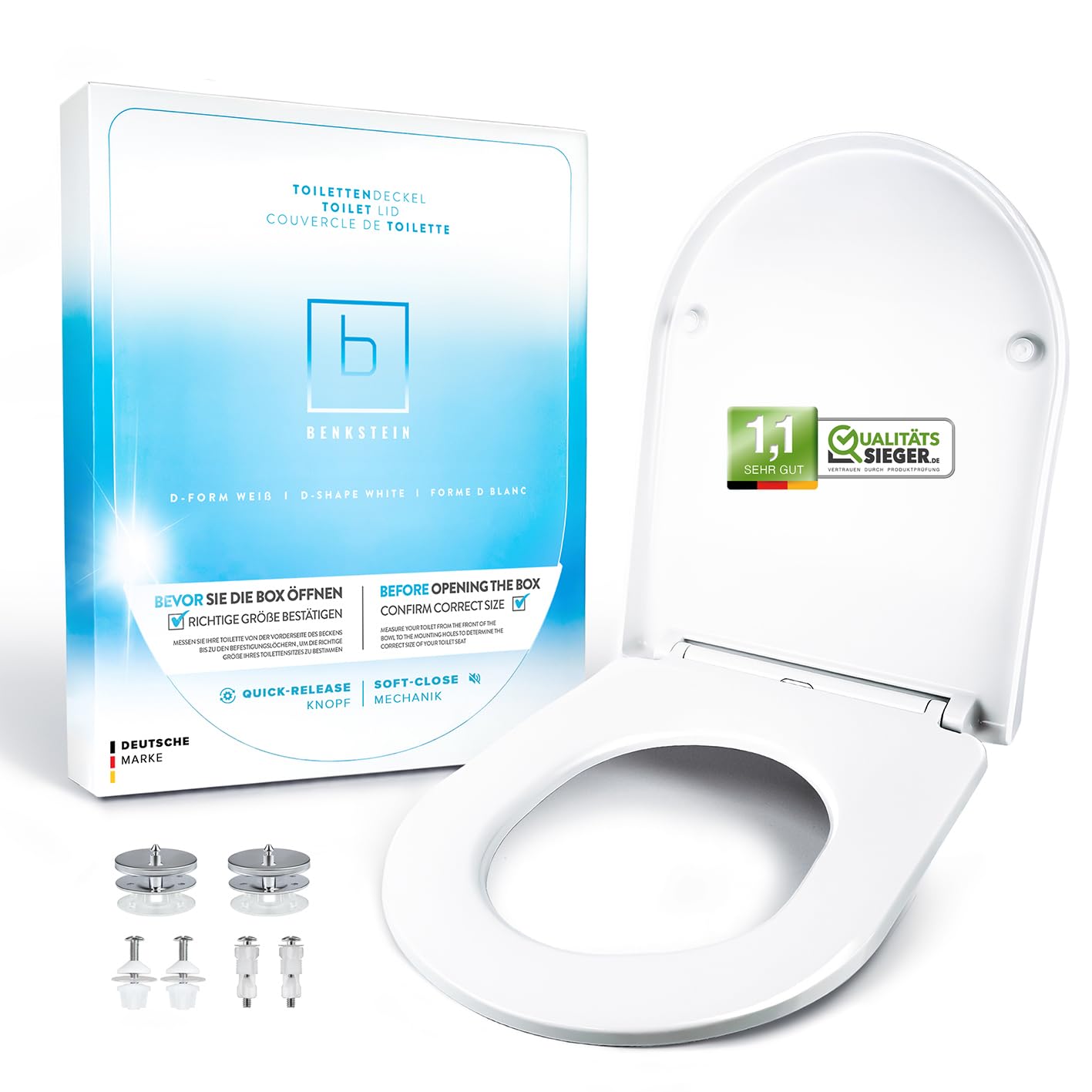 Benkstein Toilettendeckel mit Absenkautomatik D-Form weiß – antibakterieller WC Sitz – Quick-Release zur einfachen Reinigung – einfache Montage – Urea-Duroplast – abnehmbar – bis 150 kg belastbar