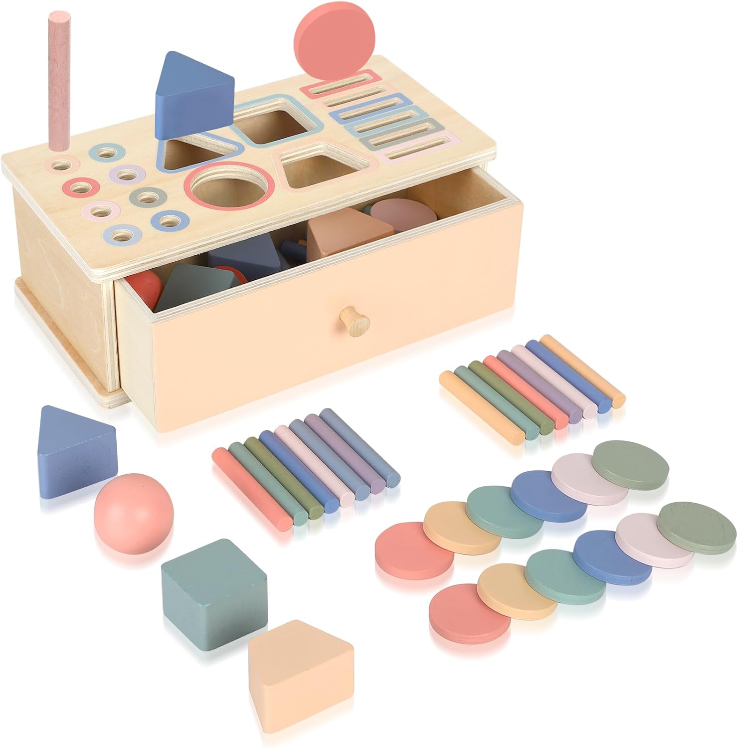 Pajojoqa Montessori Color Sorting Toys, Wooden Object Permanence Box with Drawer Shape Matching Sensory Toys Shape Sorter Education for Baby Toddler Boy Girl Drop Busy Box