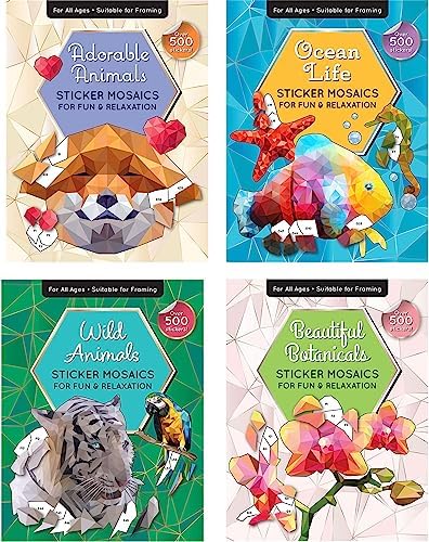 Sticker By Number Book Set for All Ages, Sticker Mosaics for Fun and Relaxation, Sticker Books for Adults with Tear-Out Pages Featuring Animals, Ocean Life, and Plants (Set of 4 Books)