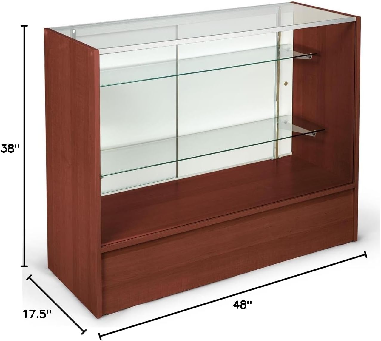 Displays2go Retail Counters with 2 Shelves, Laminated Particle Board, Tempered Glass – Cherry (MRC4CHKD)