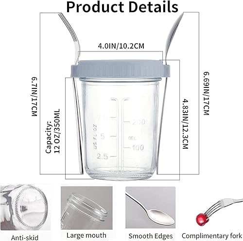 Miniatura 5 de P&Y Recipientes de avena con tapas, vidrio de 12 onzas con cucharas para tarros de avena Mason durante la noche, recipiente de avena con etiqueta de