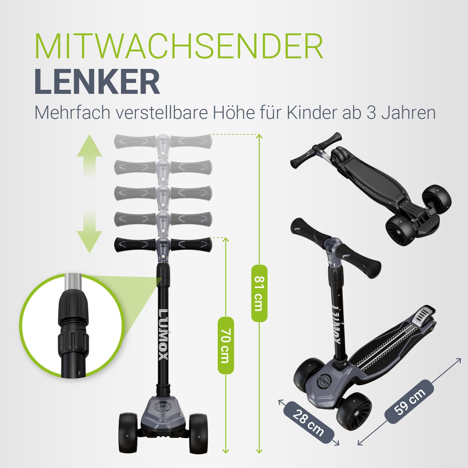 JUSKYS® Kinderroller Lumox Schwarz/Rosa/Blau - LED-Rollen, höhenverstellbarer Kinderscooter, klappbar & Hinterradbremse, Dreiradscooter