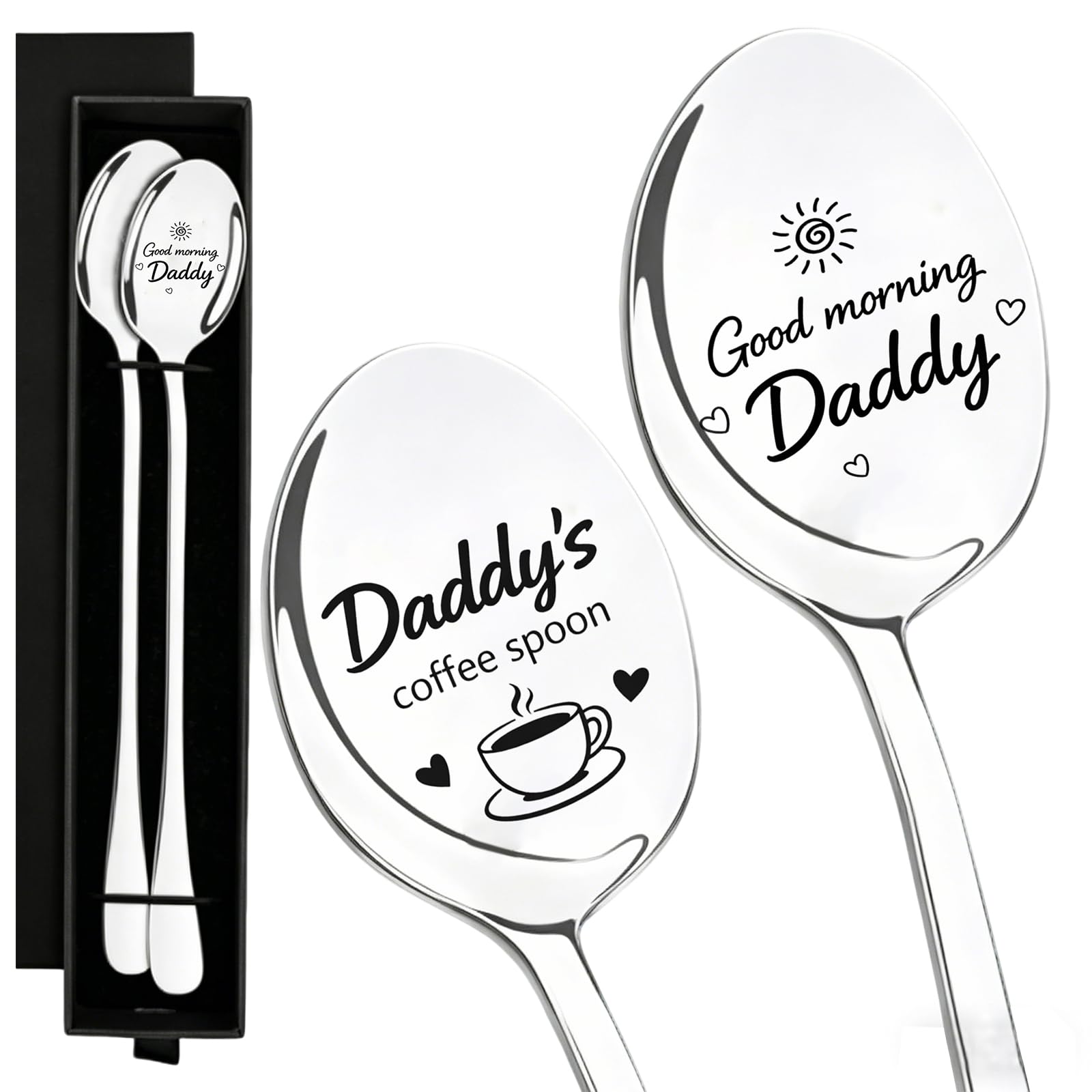 2 Pcs Daddy Birthday Gifts Suit, Coffee Spoon with Carving, Best Dad Birthday Gifts, Fathers Day Gift from Daughter and Son, Ideal for Stirring Lattes, Eating Breakfast Cereals, Or Enjoying Desserts