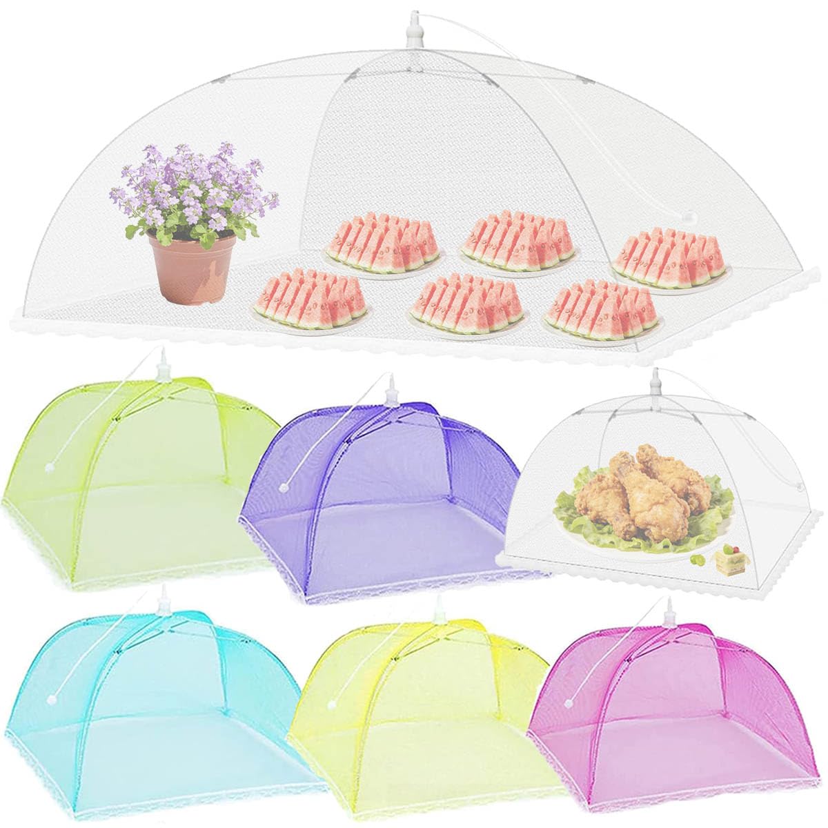 Food Cover Mesh, Large Food Net Cover Collapsible Food Mesh Pop Up Cover, Cake Cover Fruit Cover Umbrella for Dish Storage Outdoor (Rainbow 1+6)