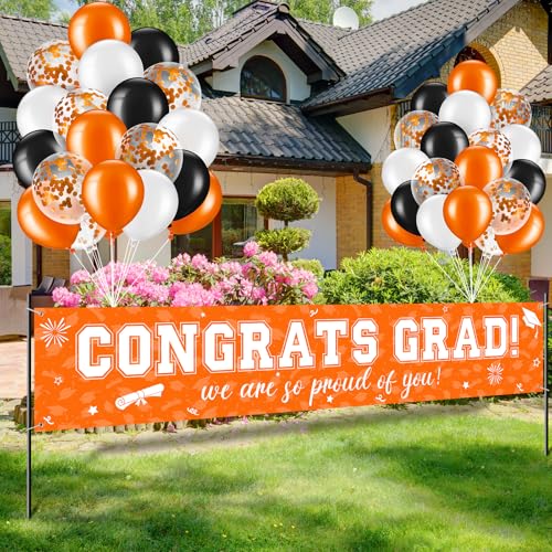Image of 37Pcs Graduation Banner Balloon Decorations Class of 2026, Congrats Grad Banner Yard Outdoor Decorations, Graduation Banner Set for High School College Graduation Party Supplies, Orange