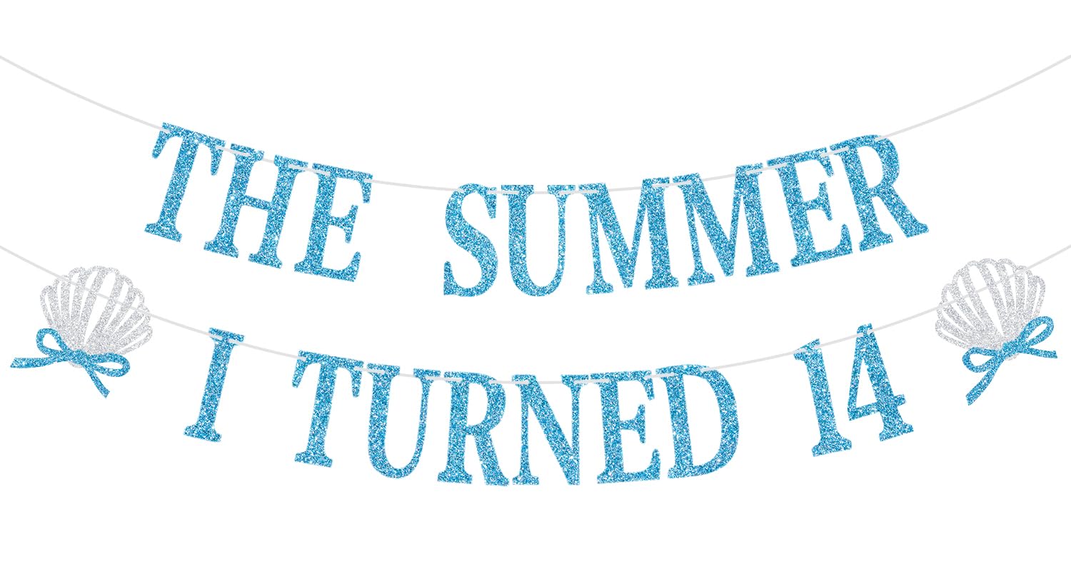 The Summer I Turned 14 Banner, Summer 14th Birthday Decorations, Ocean Beach Sea Themed 14 Years Old Birthday Party Decorations, Blue Glitter