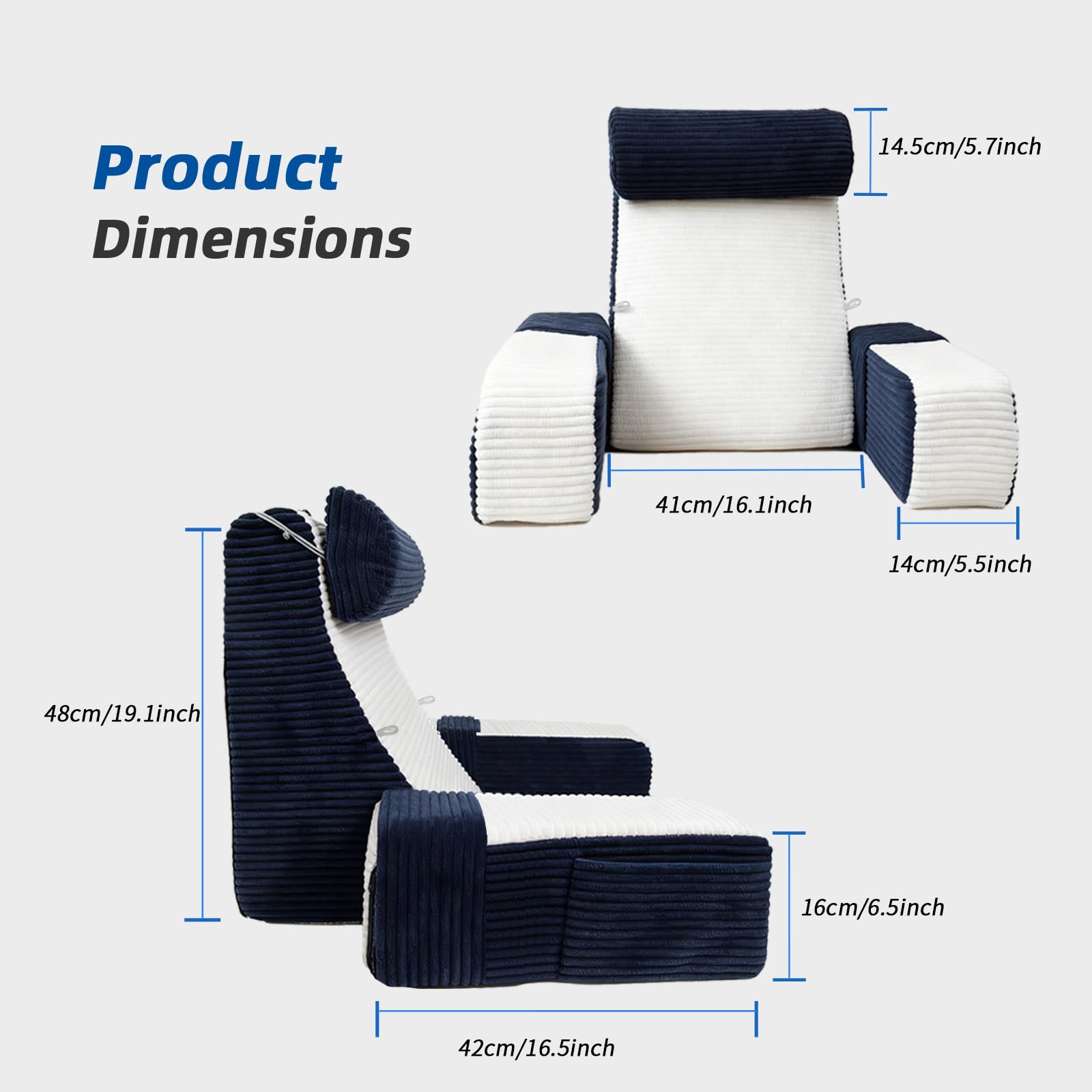 Oreiller de Lecture pour lit, Coussin d'appui Dorsal réglable avec accoudoirs et Appui-tête, adapté à la Lecture/Jeux/Relaxation/télévision, Bleu & Blanc