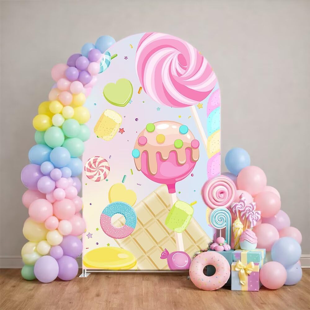 HISDH 2-Sided Round Top Spandex 3.3x6.5ft Arch Backdrop Covers Sweet Candy Land Birthday Party Decorations Chiara Arched Fabric Cover for Baby Shower