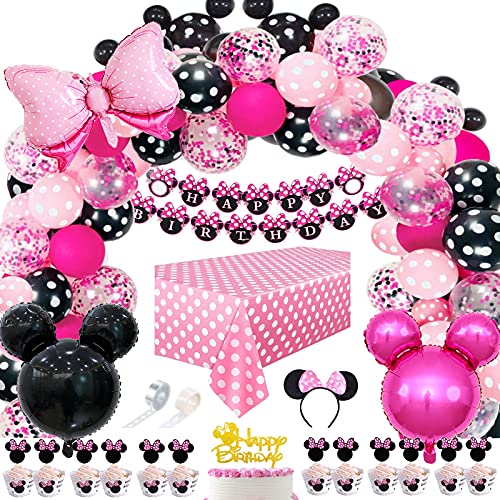 Danirora Minnie Mouse Party Supplies 1st 2nd 3rd Birthday, Minnie Mouse Party Decorations for Girls Pink Minnie Mouse Balloons Garland Arch Kit Banner Set