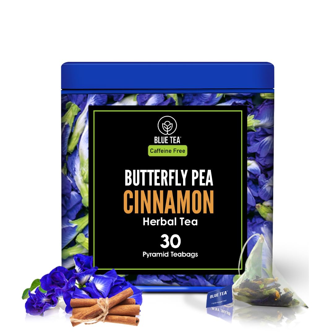 BLUE TEA - Butterfly Pea Flower Cinnamon Herbal Tea - 30 Tea Bags || FARM FRESH || Caffeine Free - Gluten Free - GMO Free - Eco Conscious Tin Pack |