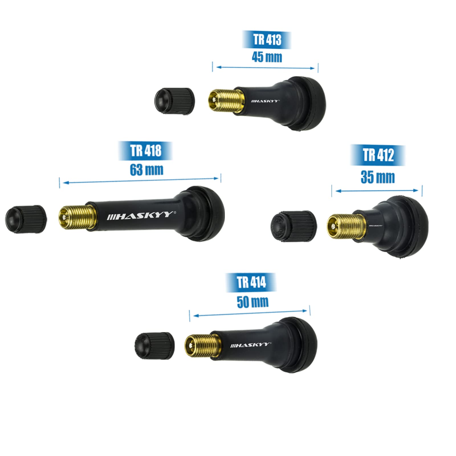 HASKYY 300 Autoventile Gummi Set 50x TR412, 100x TR413, 100x TR414, 50x TR418 I Snap-in-Pkw Gummi Ventil I Ventilkappe Reifen Ventilaufsatz