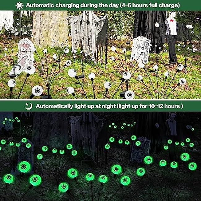 Halloween Decorations Outdoor Solar Scary Eyeball Lights,2PACKS 12LED Green Eyeball Swaying Firefly Lights,Waterproof Solar Halloween Path Lights for Yard/Garden/Lawn/Party Decor