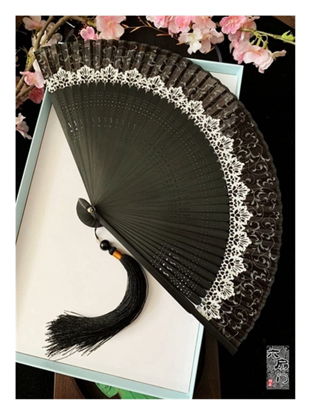 NZPOST Folding fan Chinese Style Ancient Style Bamboo Handle Folding Fan Juan Cloth Female Fan Cherry Blossom Portable Jump Dance Fan fan (Maroon 21cm)