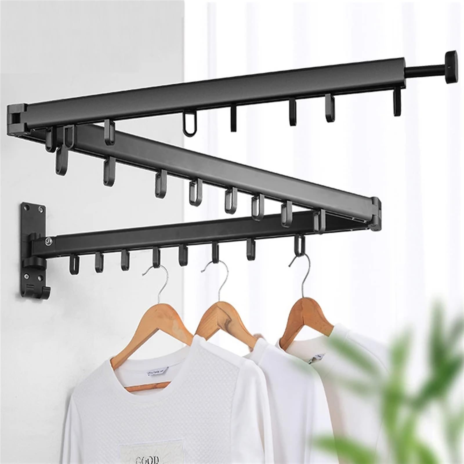 Ausziehbarer Stoff-Wäscheständer for den Innen- und Außenbereich, platzsparend, zusammenklappbarer Kleiderbügel, Wandmontage, Aluminium, Wäscheleine for Zuhause für Schlafzimmer, Balkon(3 rod black 18