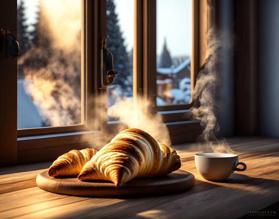 Affiche café et croissant 58x90 cm pour déco cuisine chaleureuse