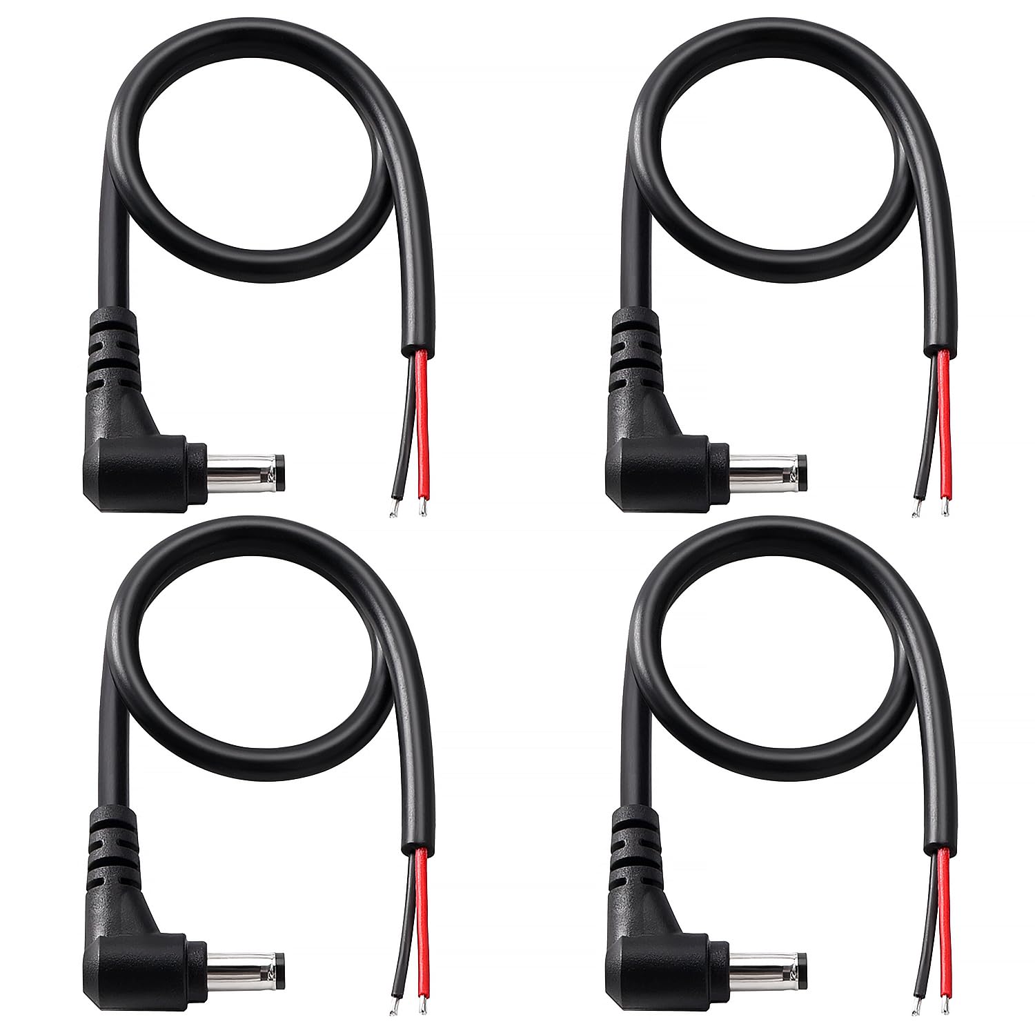 KUOQIY 4 PCS 30cm 18 AWG 5.5mm x 2.1mm DC Power Pigtails Cable, DC Right Angle Male Plug to Bare Wire Open End Power Supply Replacement Repair Cord, for CCTV Security Camera, LED Strip Light, Black โ image 1