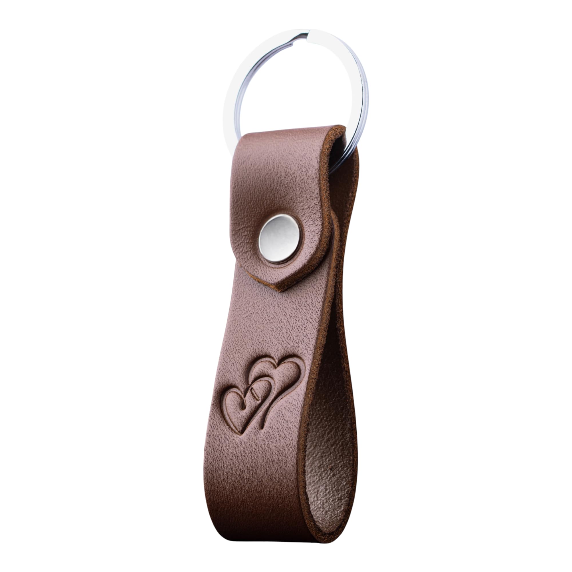 Magor Unisex Hearts Leather Keyring For Men & Women, Personalised Car Keychain For Him, Her, Dad Or Husband, Full Grain Hot Embossed Matte Brown Leather Key Ring In Gift Box, Minimal Pocket Size (Hearts)