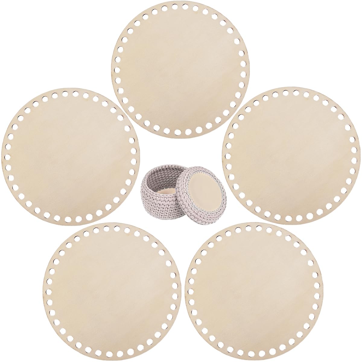 5 cestas de madera natural con base circular para tejer a ganchillo, base de madera para manualidades y tejidos.