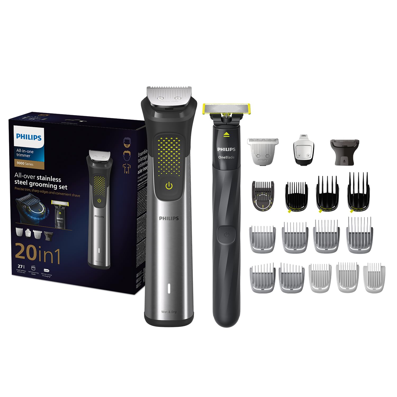 Philips All-in-One Trimmer MG9553/15 | 20-in-1 Face, Hair & Body Grooming | OneBlade for Precision Styling | 120min Cordless Use, Showerproof | Travel Pouch [NEW] MG9553/15, All-in-One