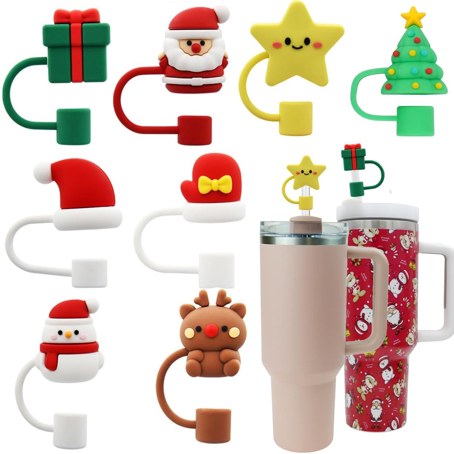 Lot De 6 Capuchons De Paille De Noël Pour Tasse Stanley, Bouchon De Paille En Silicone Pour Gobelet Stanley De 76 Et 1200 Ml Avec Poignée, Couvercles D'embout De Paille De 10