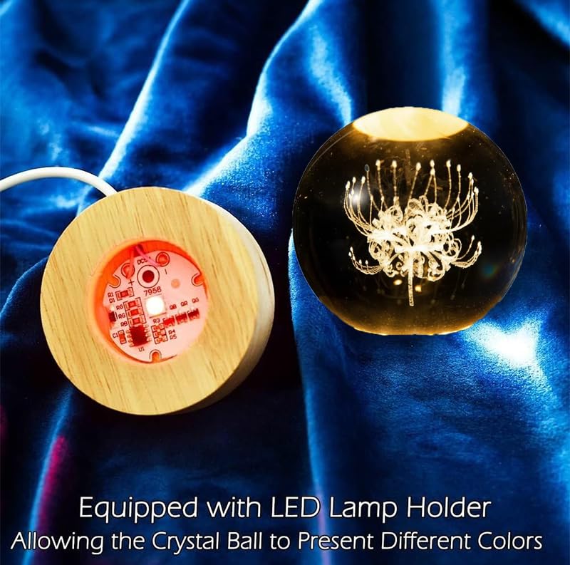 Image of 3D Red Spider Lily Crystal Ball Lamp, 60mm K9 Laser Engraved Flower Sphere with Wooden LED Base, Color-Changing Night Light Gift for Home Decor Bedroom Meditation