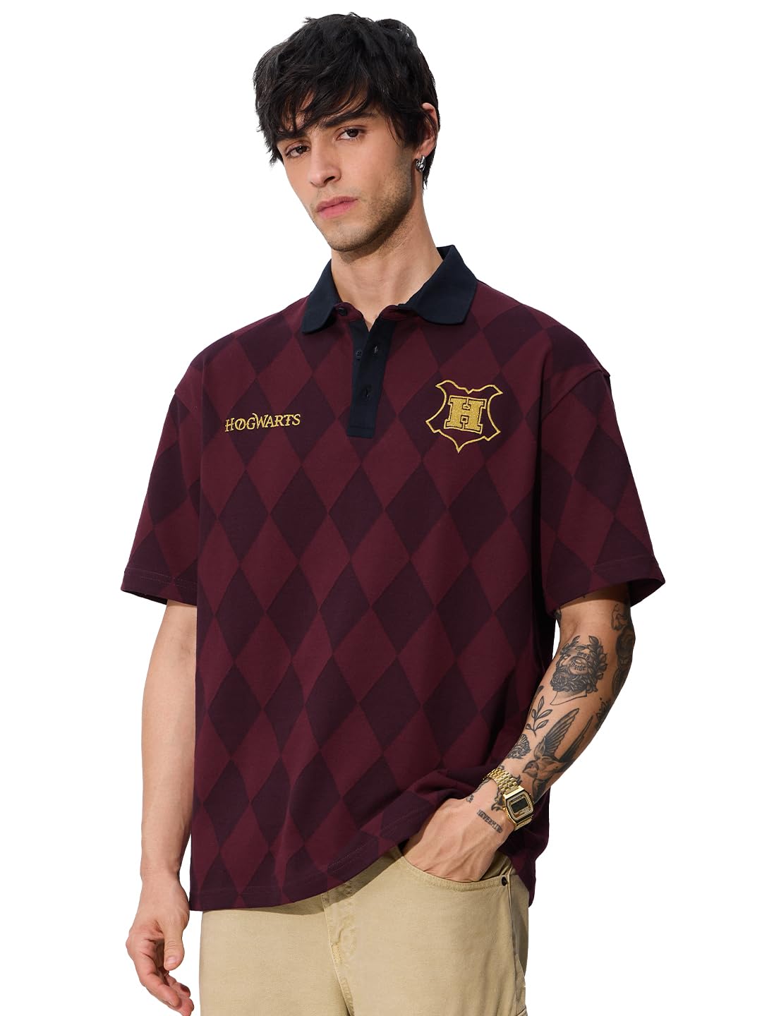 Jacquard Polo: Harry Potter Hogwarts Men and Boys Short Sleeves Collared Neck Maroon Embroidered Cotton Oversized Polos-image-1