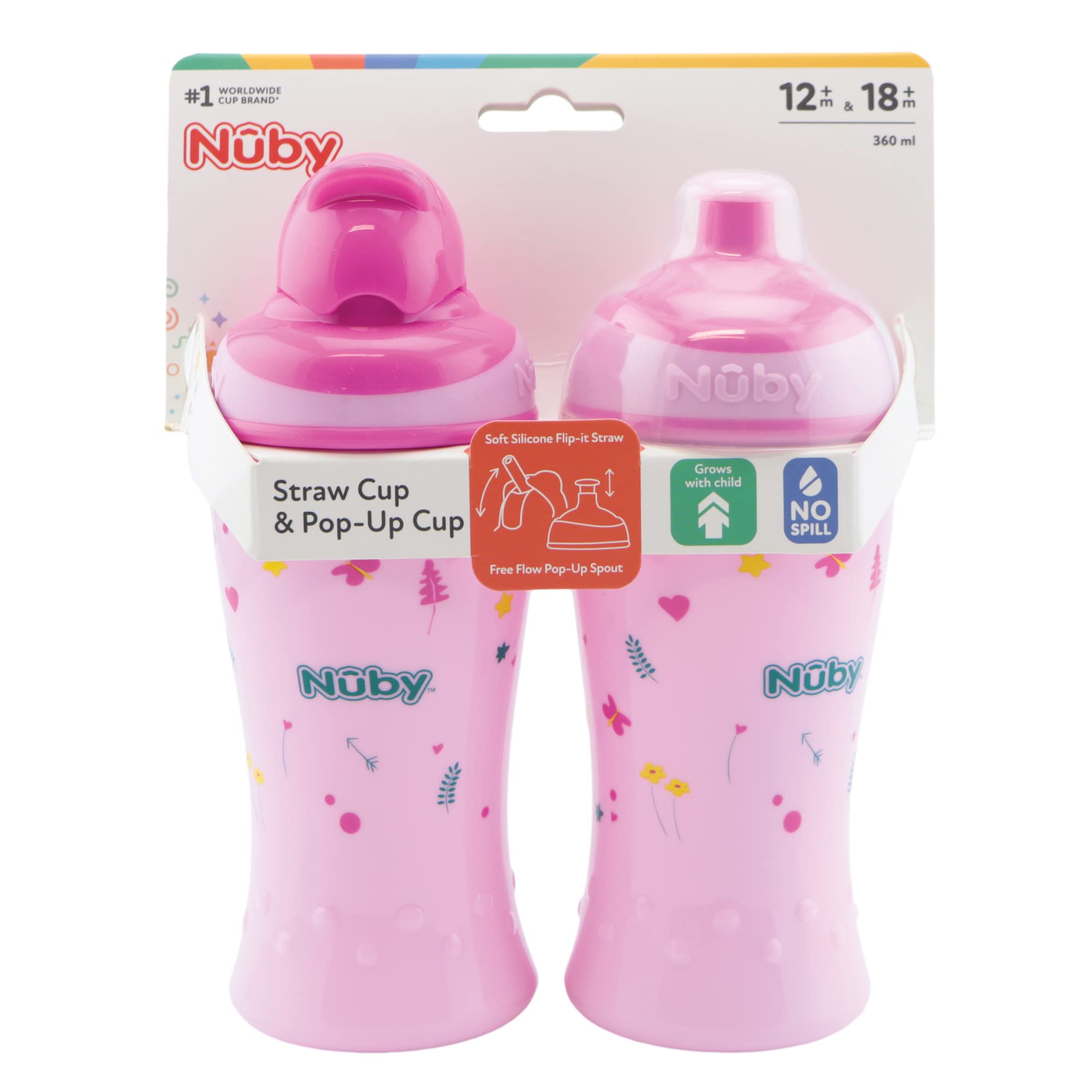 Nuby 2 Pack Bottiglie Bere Antiproiettile Cannuccia Flip-It 360ml BPA-Free Rosa 12+ Mesi