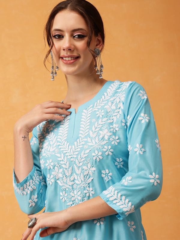 Image of Ada Hand Embroidered Lucknowi Chikankari Muslin Top for Women A911420 | Lucknowi Short Kurta Kurti Tunic Casual Wear Ethnic Wear Chikan Work Straight handcrafted top Kurti for Office
