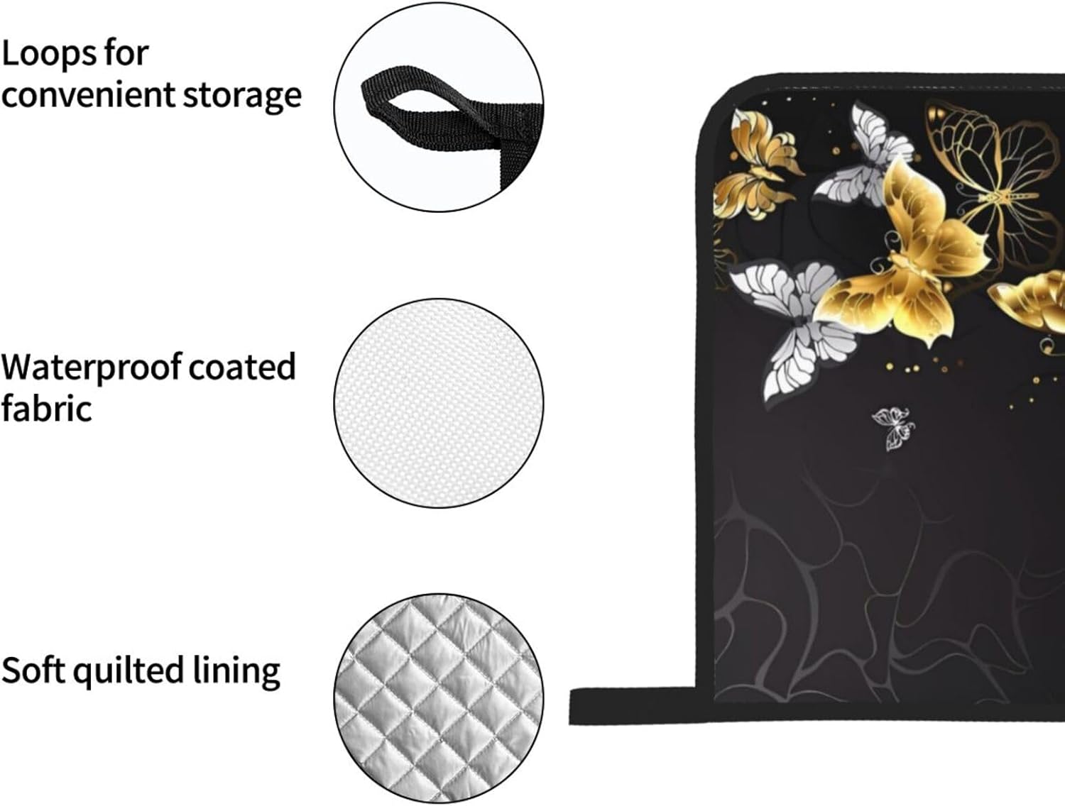 Gold White Butterflies Black Oven Mitts and Pot Holders Set of 4 - Heat Resistant Kitchen Gloves - Cute Oven Mitts and Hot Pads for Cooking Baking, Grilling