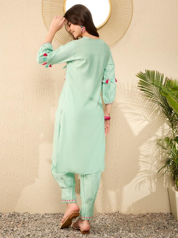 Image of Vaamsi Women's Rayon Solid Straight Embroidered Kurta Salwar Set With Tassels