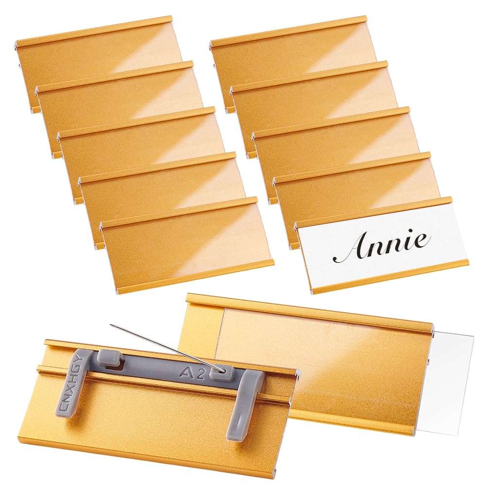 AHANDMAKER 12 Pcs Aluminium Name Tags with Card Slot and Pin Badge, Blank Name Tags Reusable ID Badge Holders, Custom Personnel Labels Office Workers Students Employee Custom (1.2x2.8 in, Golden)