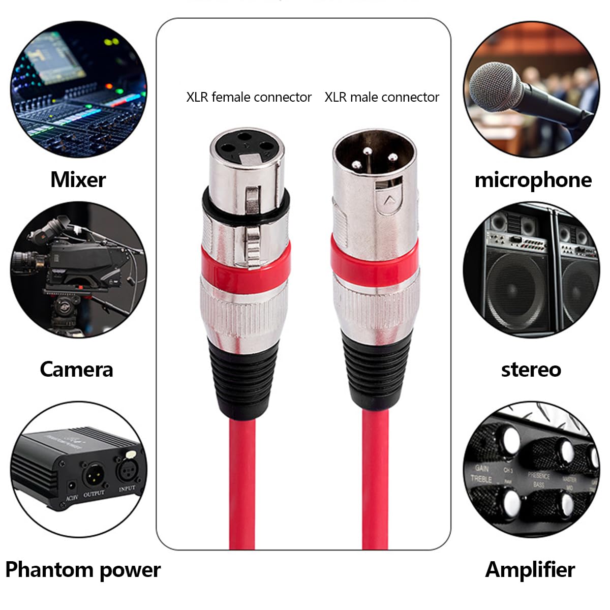 Cable de micrófono XLR (6 Unidades, Macho a Hembra, balanceado, XLR, DMX, 30 cm, Morado, Rojo, Azul, Naranja, Amarillo y Verde)
